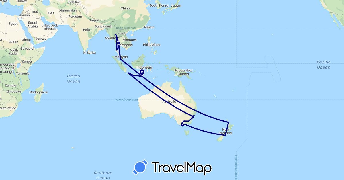 TravelMap itinerary: driving in Australia, Indonesia, Malaysia, New Zealand, Thailand (Asia, Oceania)